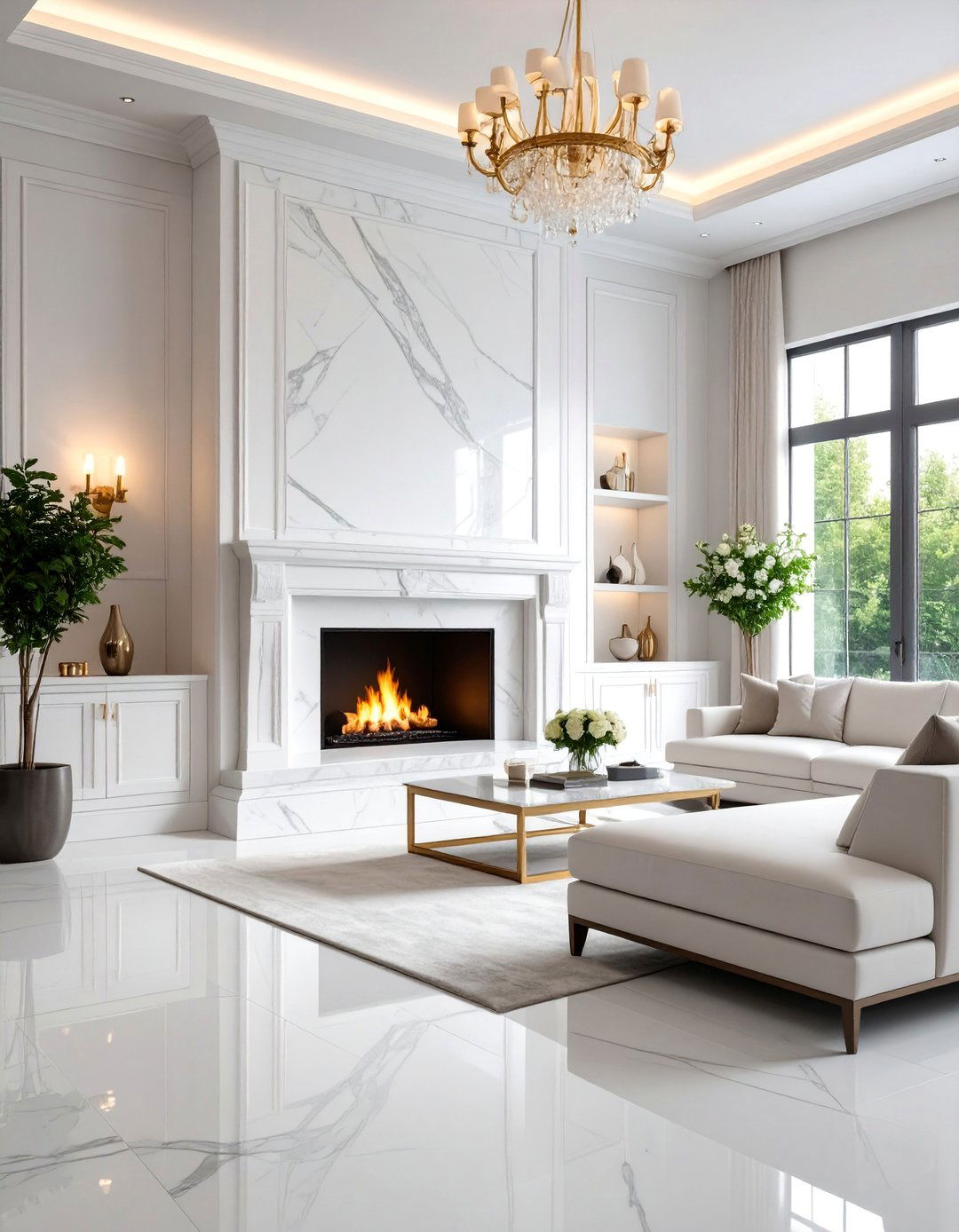 Contemporary Marble Surround with Accent Lighting - 25 Tv Over Fireplace Ideas
