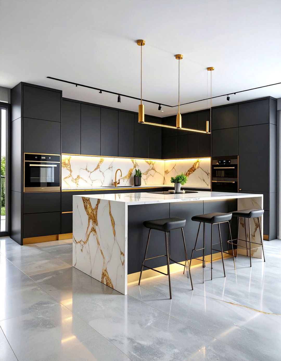 Contemporary Matte Black Kitchen with Gold Veined Marble - 25 black white and gold kitchen ideas