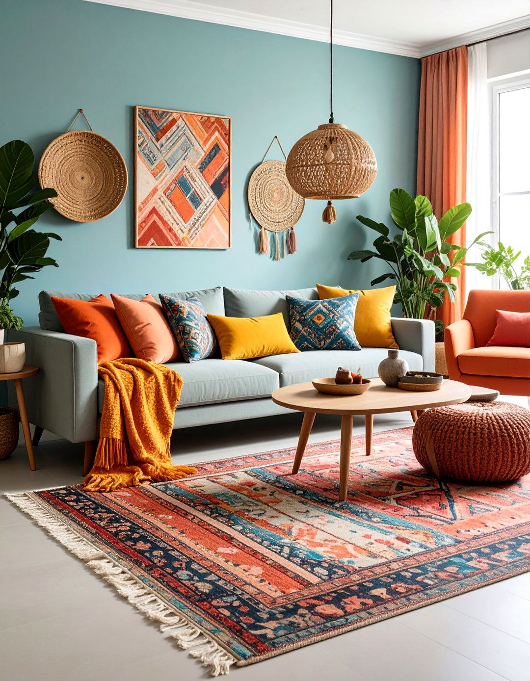 Contemporary Maximalist Grey Couch Room with Bold Colors and Patterns - 25 Grey Couch Living Room Ideas
