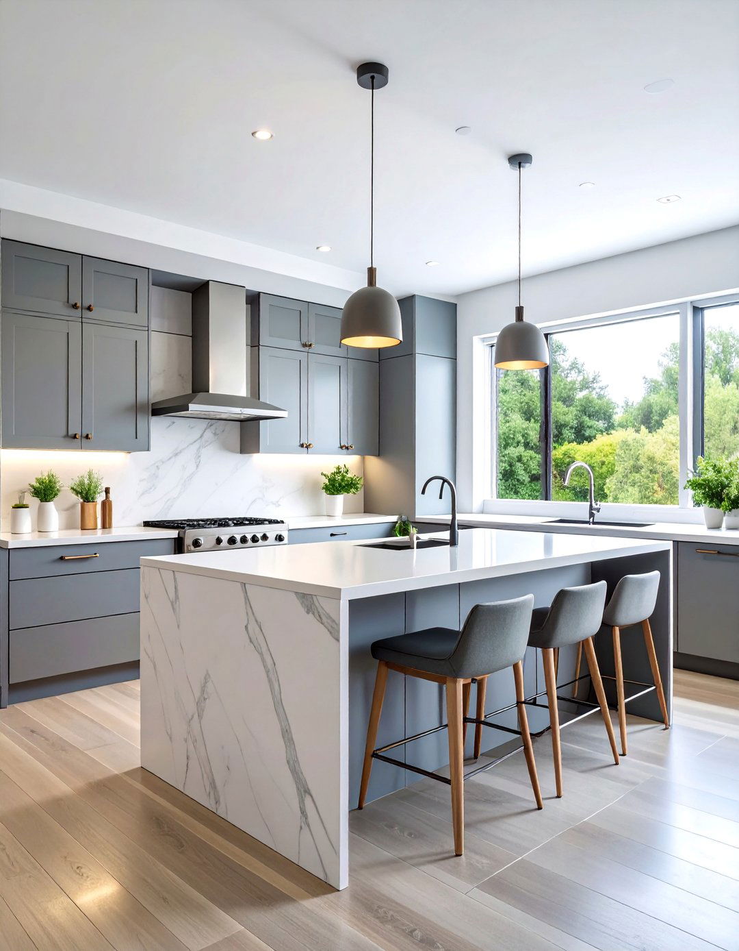 Contemporary Minimalist Kitchen with Flat Panel Grey Cabinets - 25 Grey and White Kitchen Designs