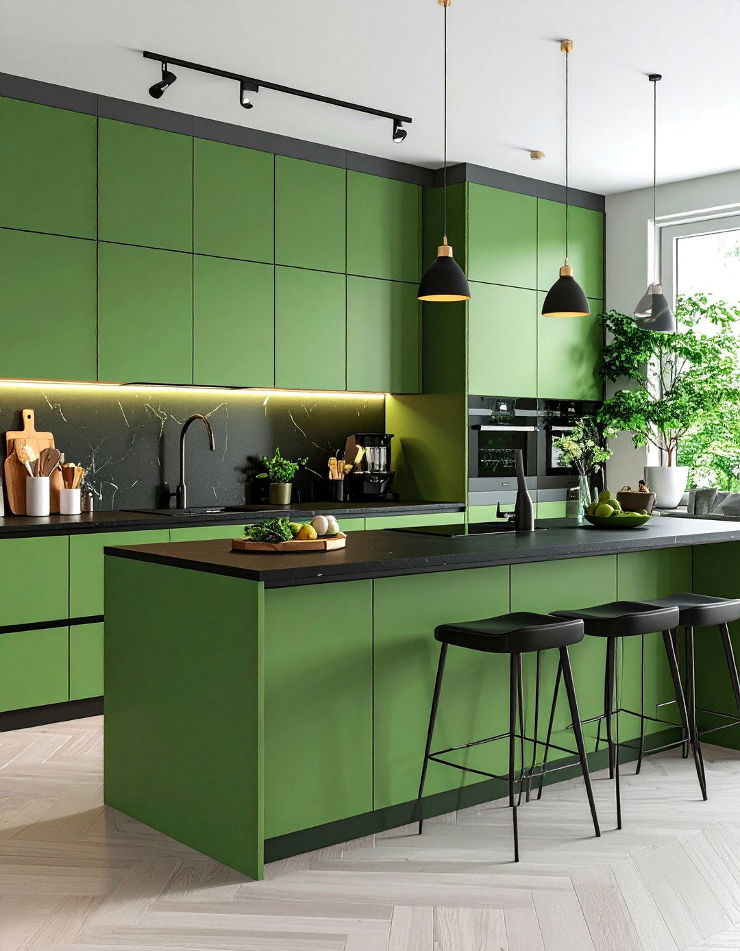 Contemporary Minimalist Kitchen with Sage Green Cabinets and Black Hardware - 25 Sage Green and Black Kitchen Ideas