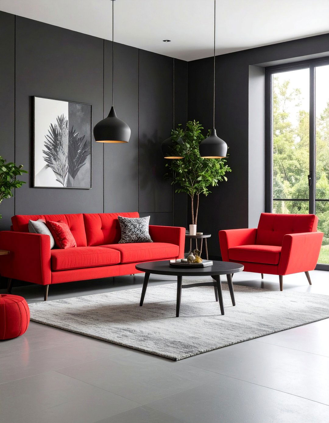 Contemporary Minimalist Living Room with Red Furniture and Black Walls - 25 Black and Red Living Room Ideas