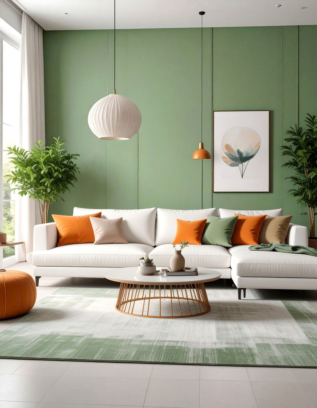 Contemporary Minimalist Living Room with Sage Green and Peach - 25 Green and Orange Living Room Ideas