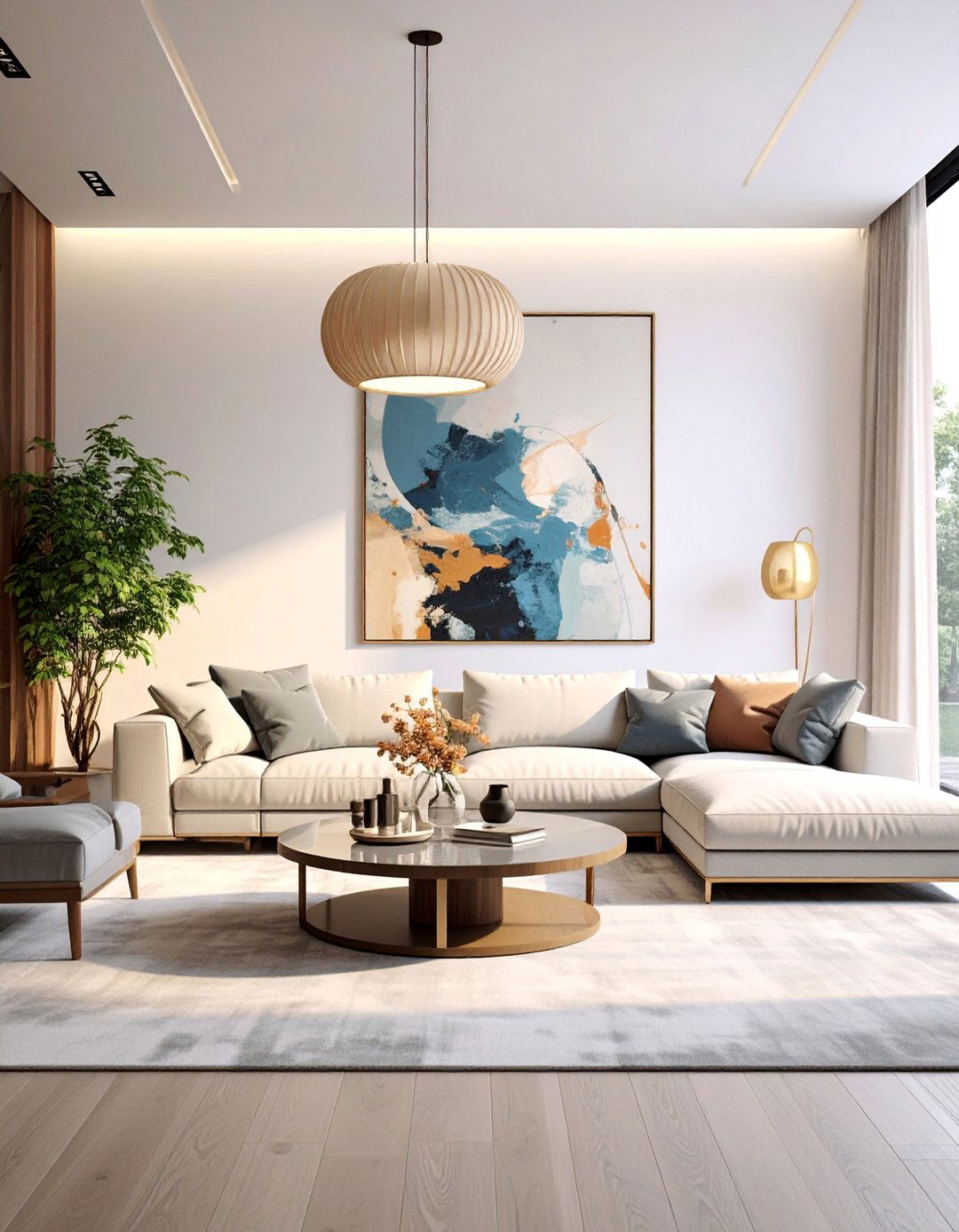 Contemporary Minimalist Living Room with Statement Lighting - 25 Aesthetic Living Room Ideas