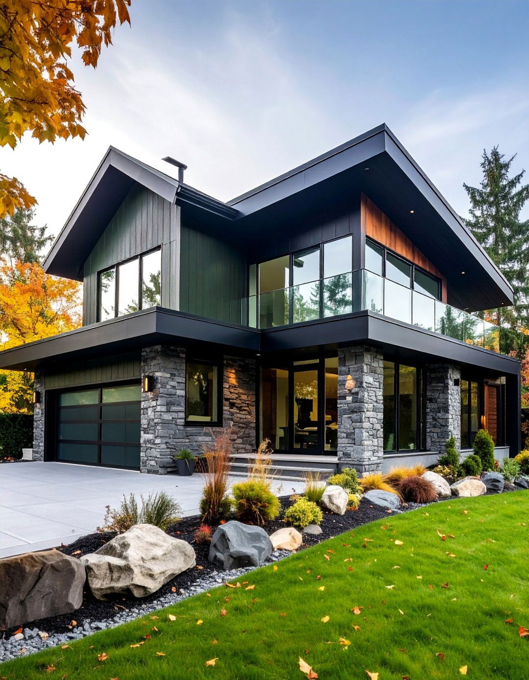 Contemporary Minimalist with Stone Accents - 25 Dark Olive Green House Designs