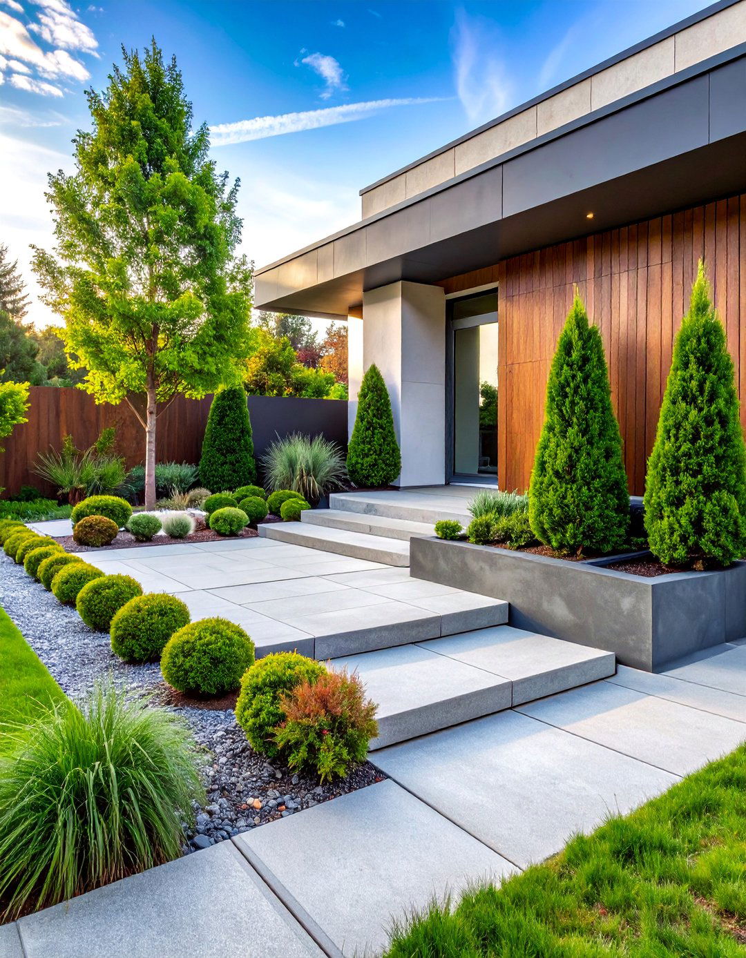 Contemporary Mixed Material Evergreen Design - 25 Front Yard Evergreen Landscaping Ideas