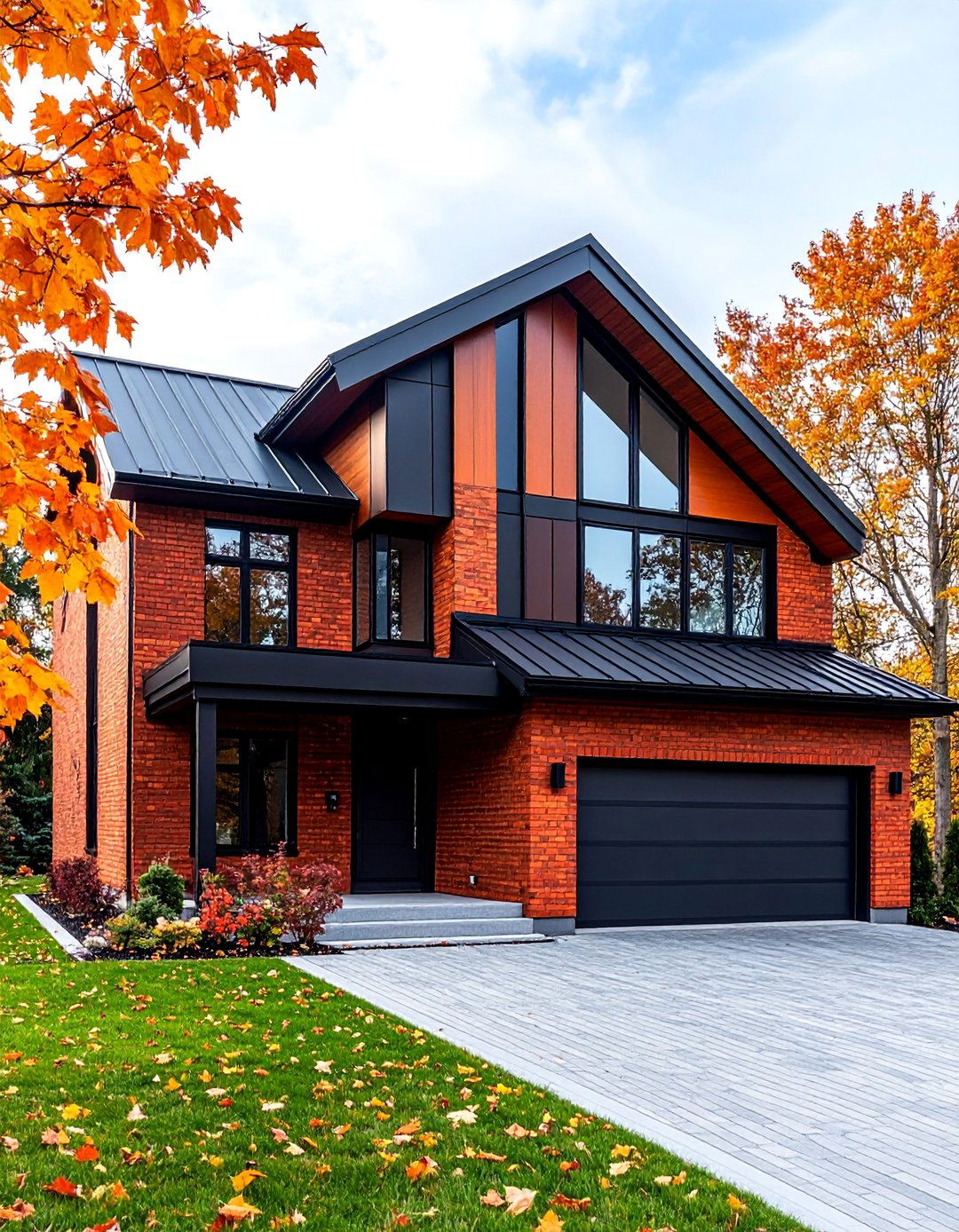 Contemporary Mixed Materials Red Brick House with Black Steel Accents - 25 Red Brick House with Black Trim Design Ideas