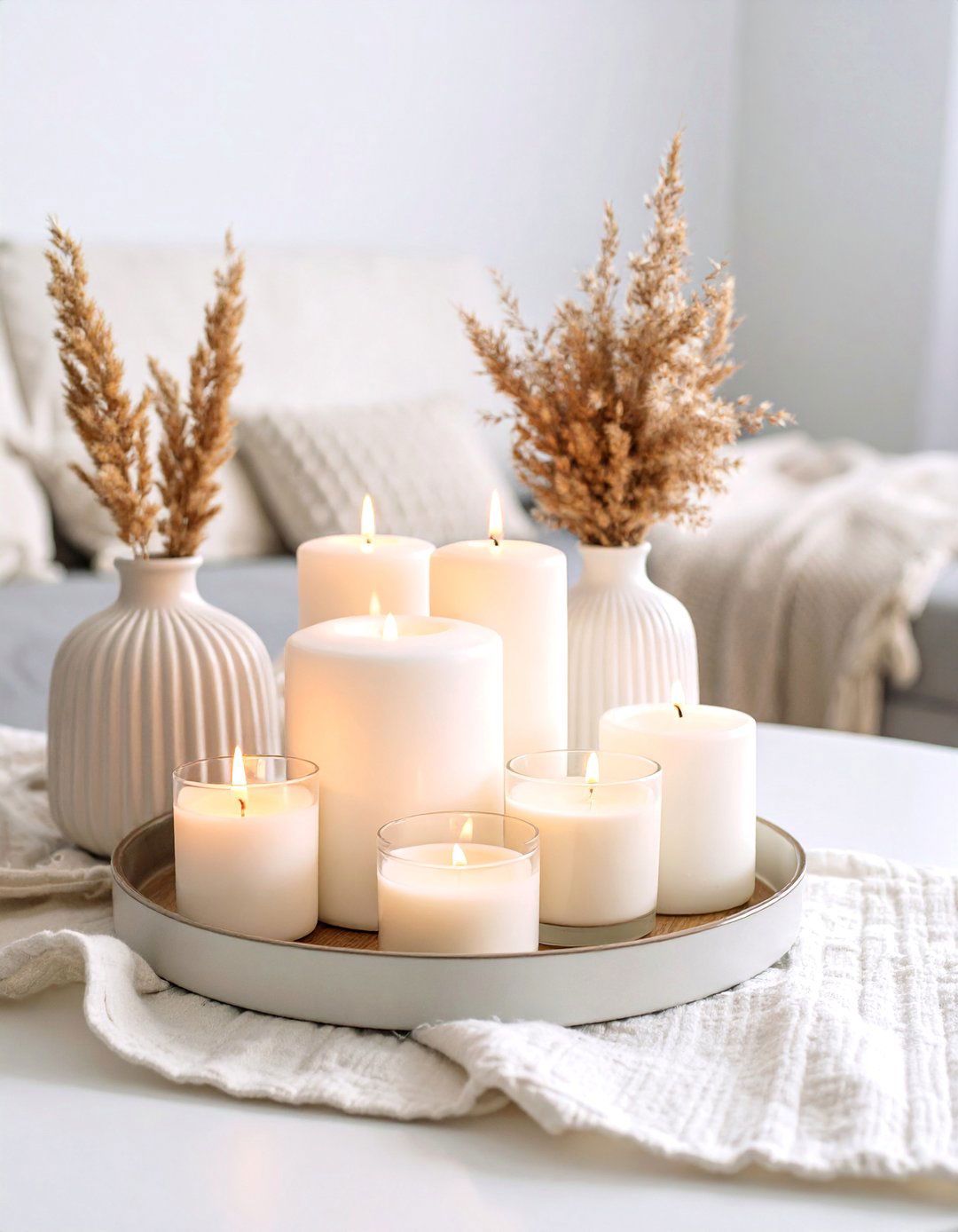 Contemporary Monochromatic Neutral Scheme - 25 Coffee Table Centerpiece Ideas