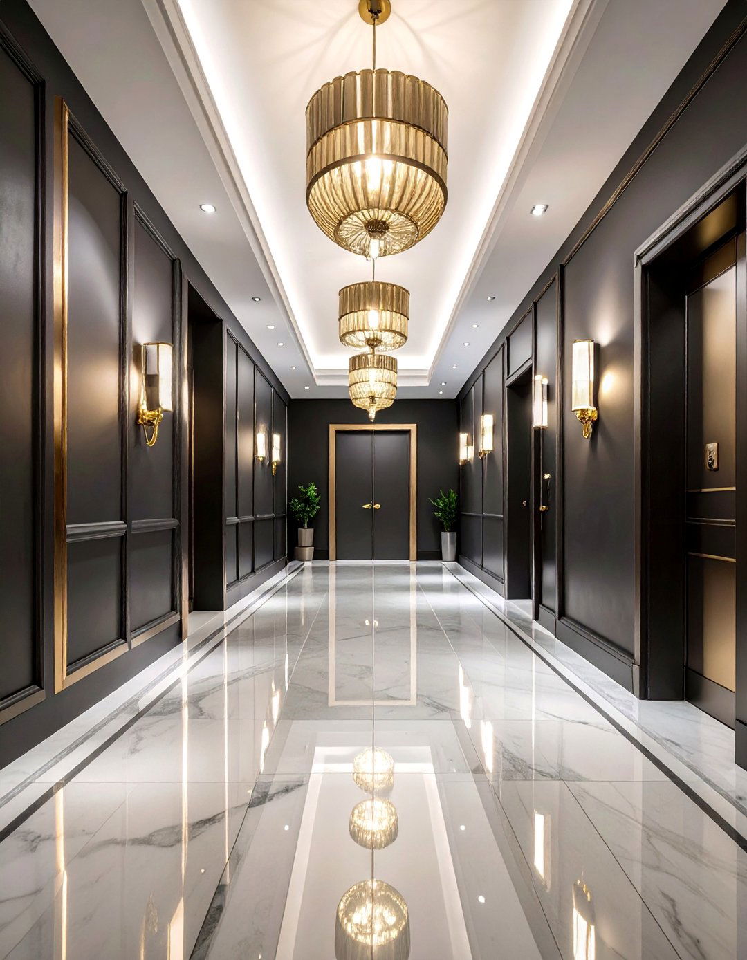 Contemporary Monochrome Hallway with Metallic Accents - 25 Black Hallway Ideas