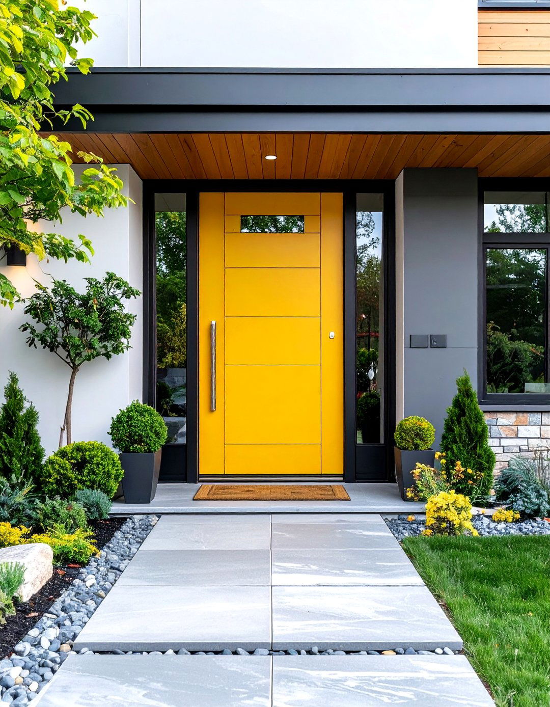 Contemporary Mustard Door with Glass Sidelights - 25 Mustard Yellow Front Door Ideas
