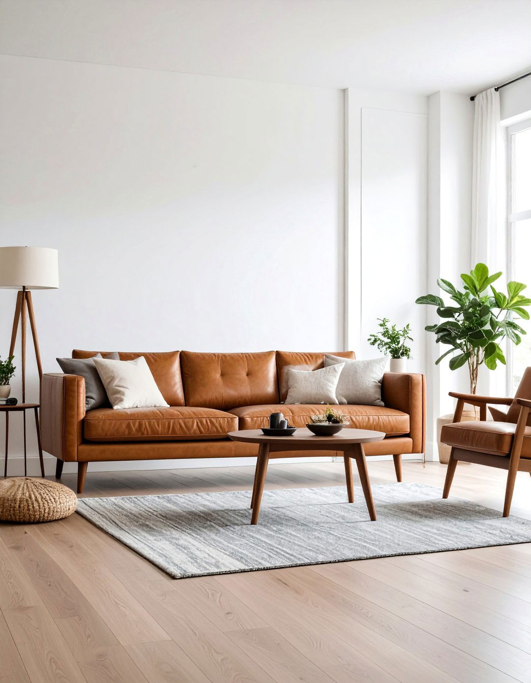 Contemporary Neutral Living Room with White Walls - 25 Brown Leather Couch Living Room Ideas