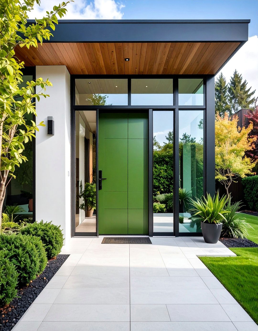 Contemporary Olive Green Front Door with Flush Glass Panels - 25 Olive Green Front Door Ideas