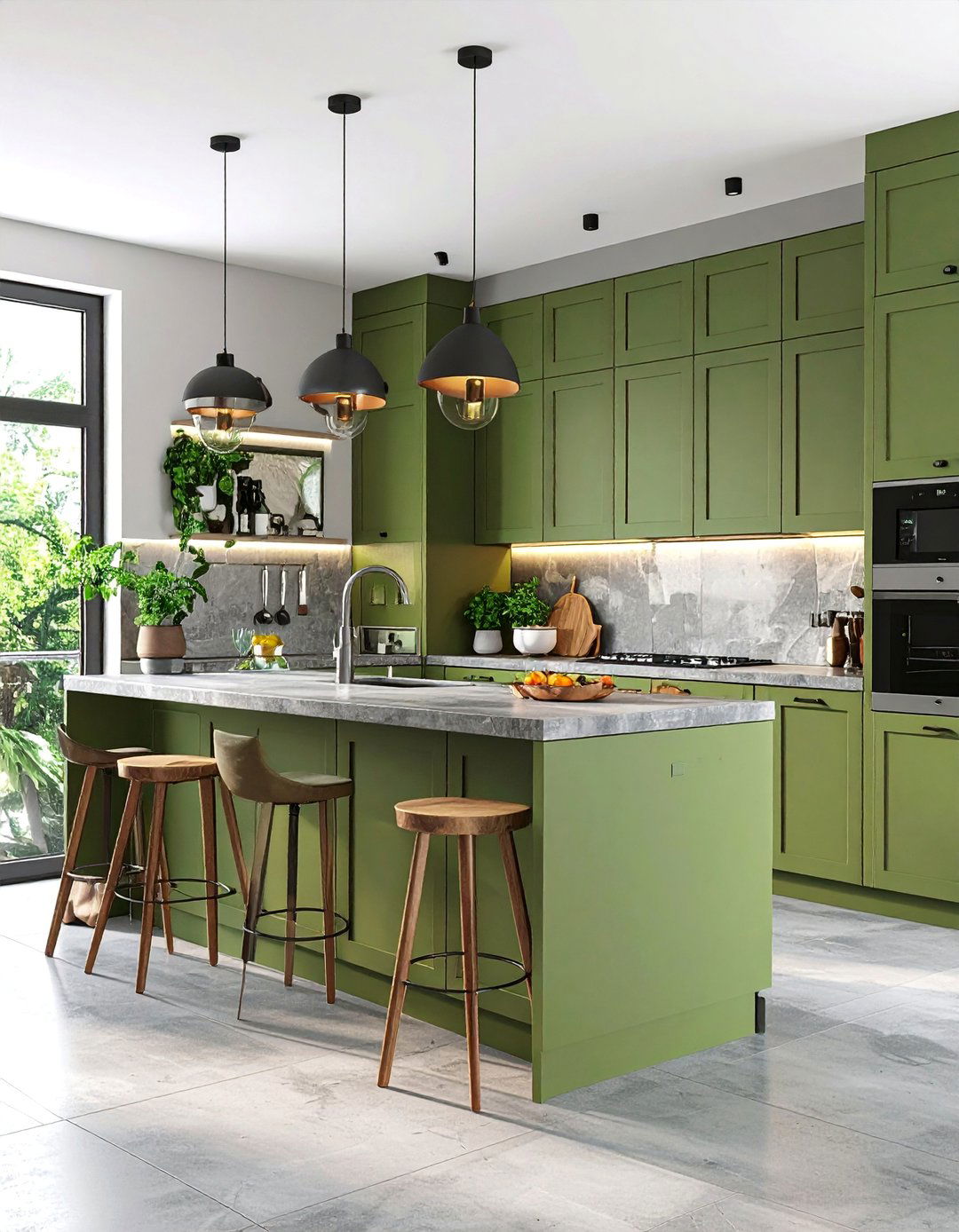 Contemporary Olive Green Kitchen with Concrete Countertops - 25 Olive Green Kitchens