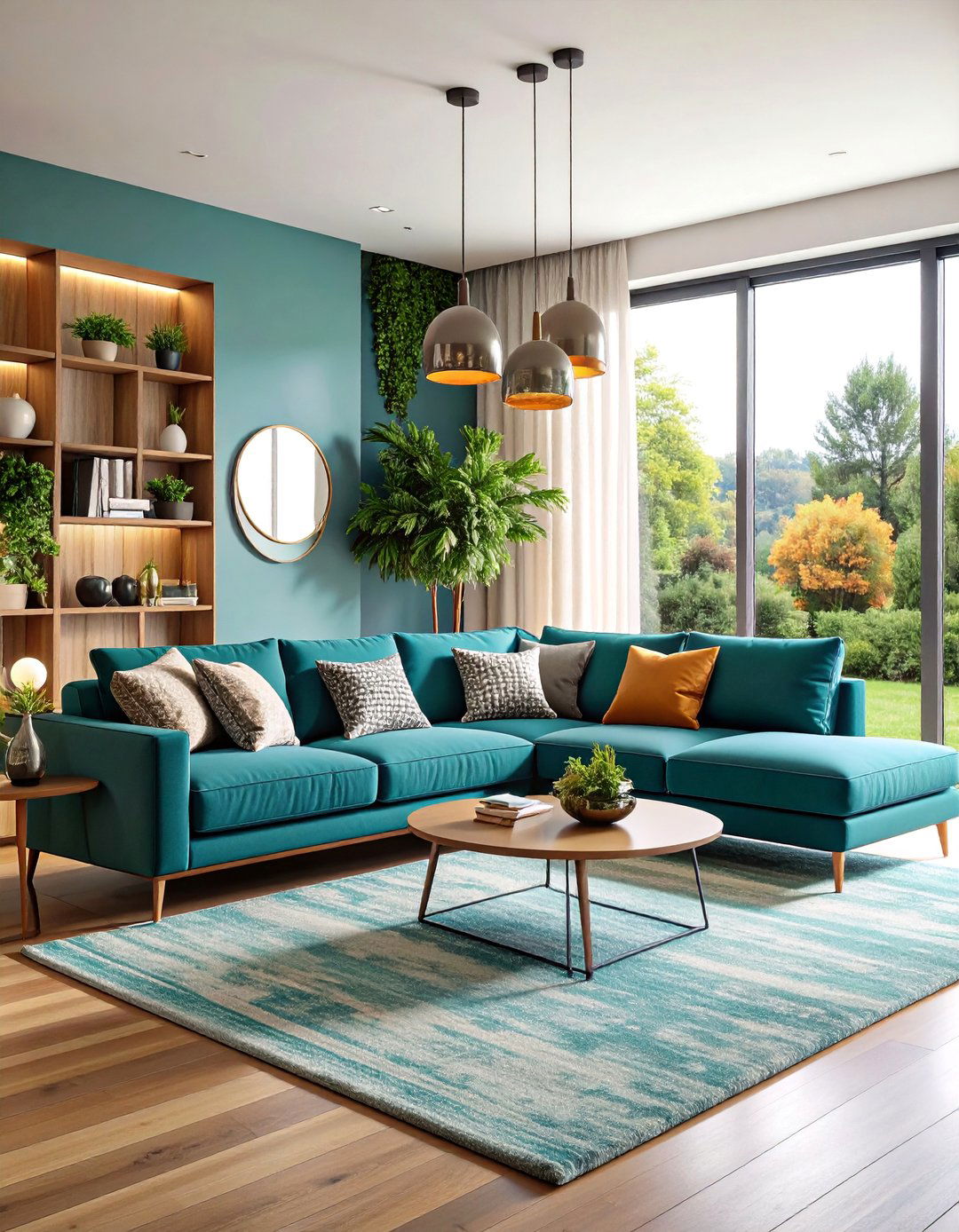 Contemporary Open Concept Teal Sectional - 25 Teal Couch Living Room Ideas