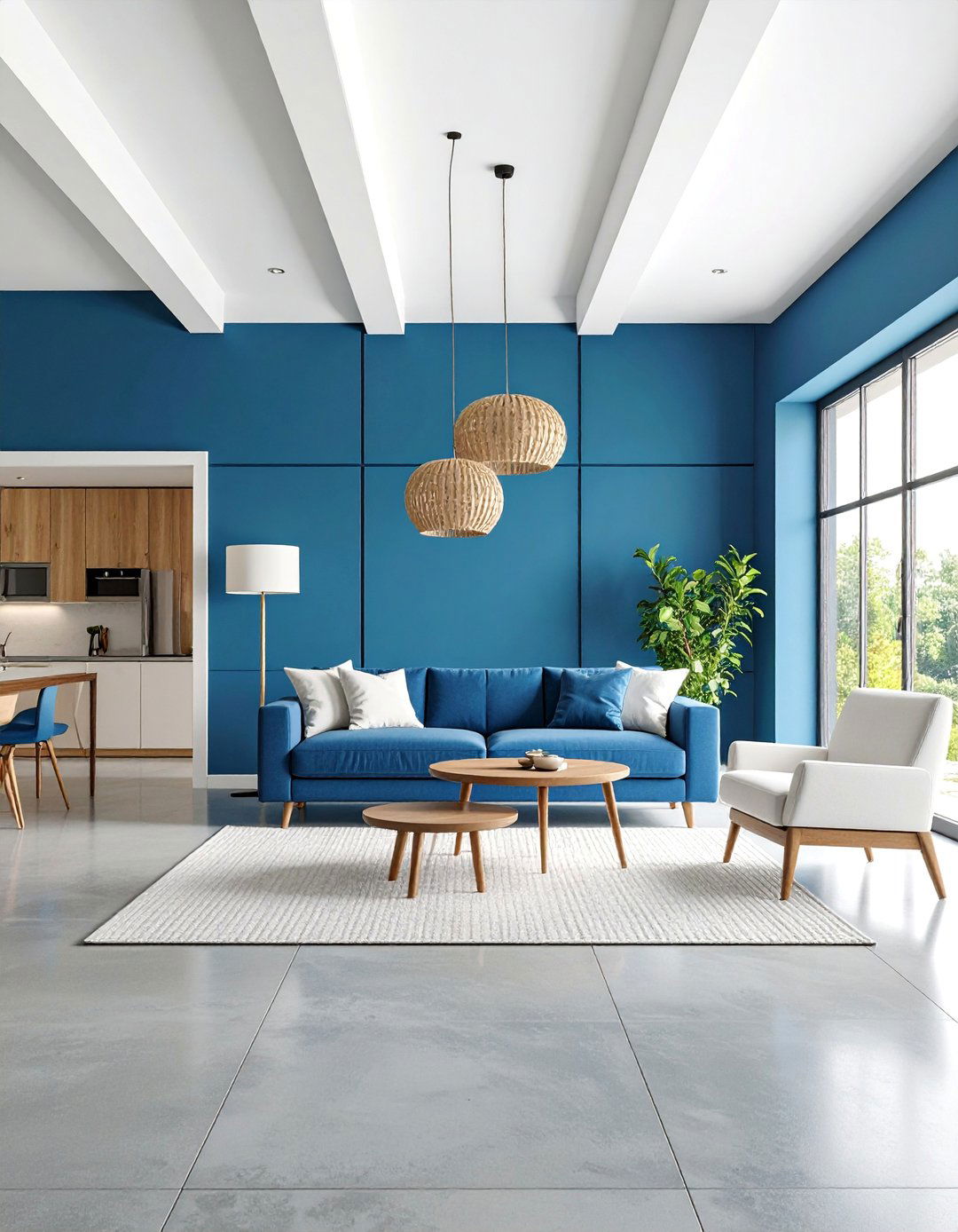 Contemporary Open Concept with Blue Color Block Walls - 25 grey floor living room with blue walls ideas