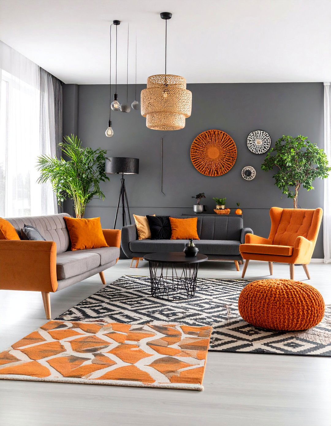 Contemporary Orange Geometric and Slate Grey Architectural Living Room - 25 Orange and Grey Living Room Ideas