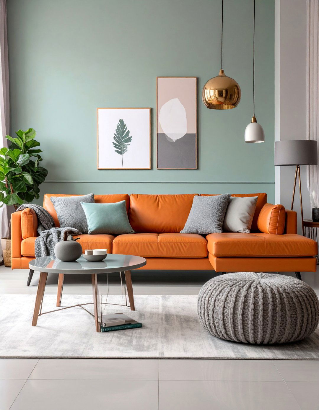 Contemporary Orange Leather Sectional with Dove Grey Walls - 25 Orange and Grey Living Room Ideas
