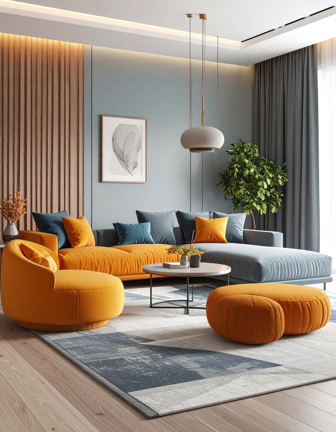 Contemporary Orange Ottoman and Graphite Grey Modular Seating - 25 Orange and Grey Living Room Ideas