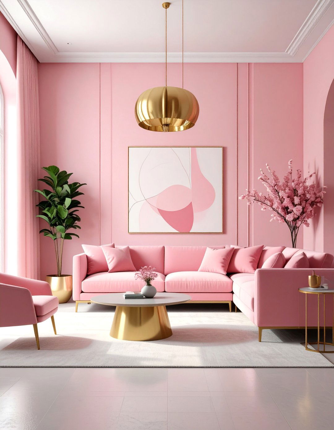 Contemporary Pink Living Room with Statement Art - 25 Pink Living Room Ideas