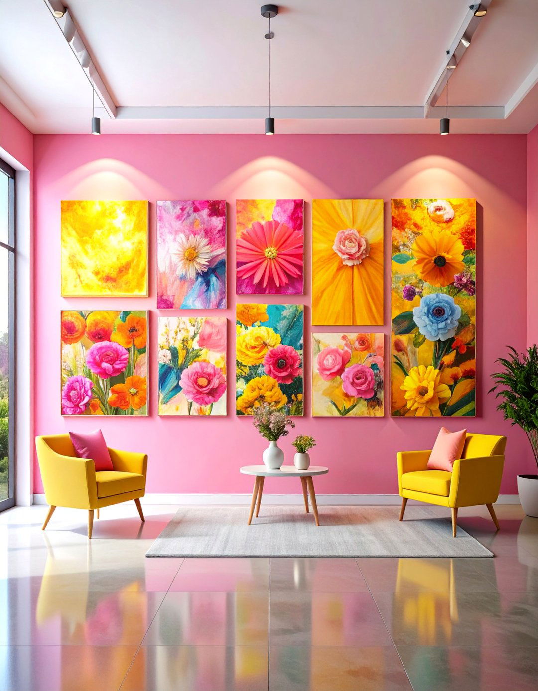 Contemporary Pink and Yellow Gallery Wall with Mixed Media - 25 How to Decorate With Yellow and Pink