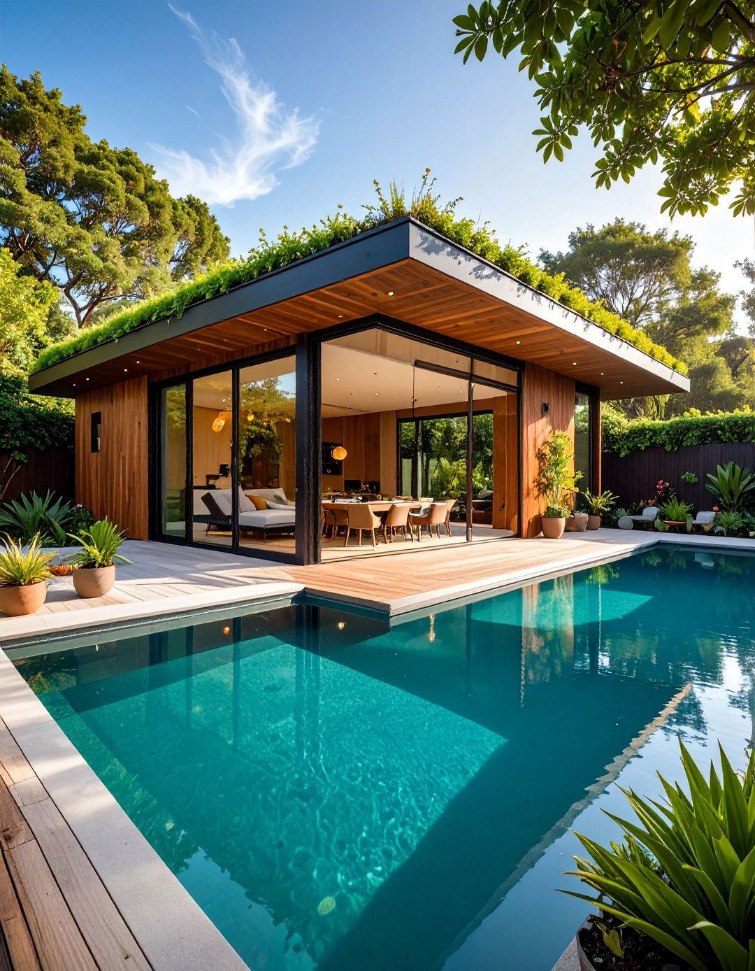 Contemporary Pool House with Living Roof - 25 Modern Backyard Ideas