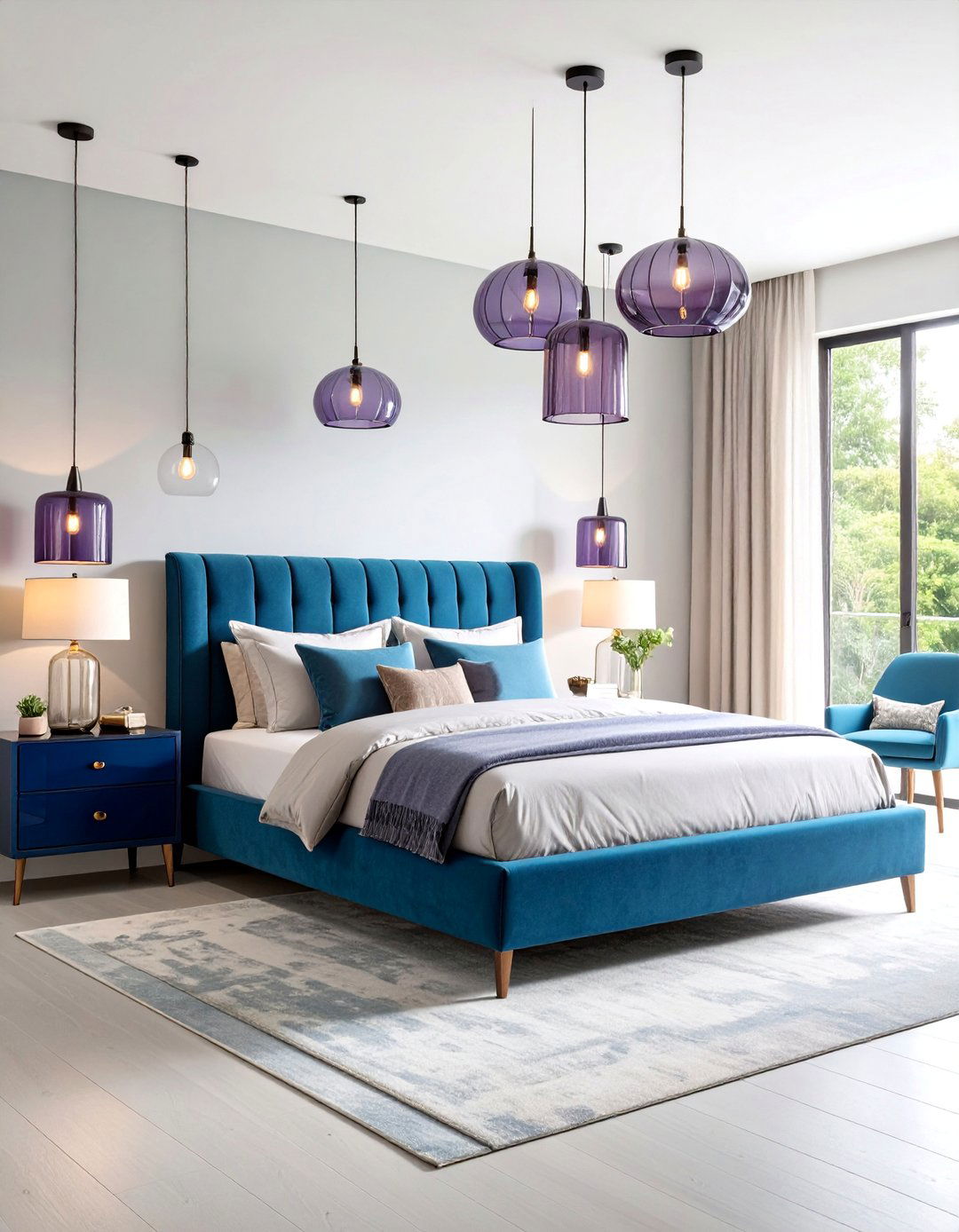 Contemporary Purple Pendant Lights Over Blue Nightstands - 25 Blue and Purple Bedroom Ideas