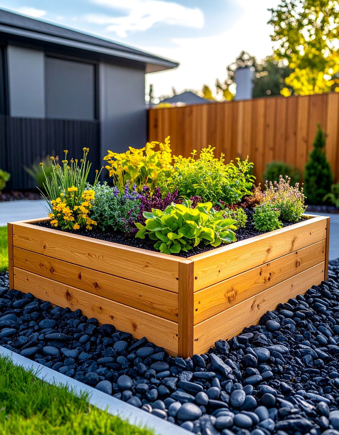 Contemporary Raised Planter with Black Rock - 25 Black River Rock Landscaping Ideas