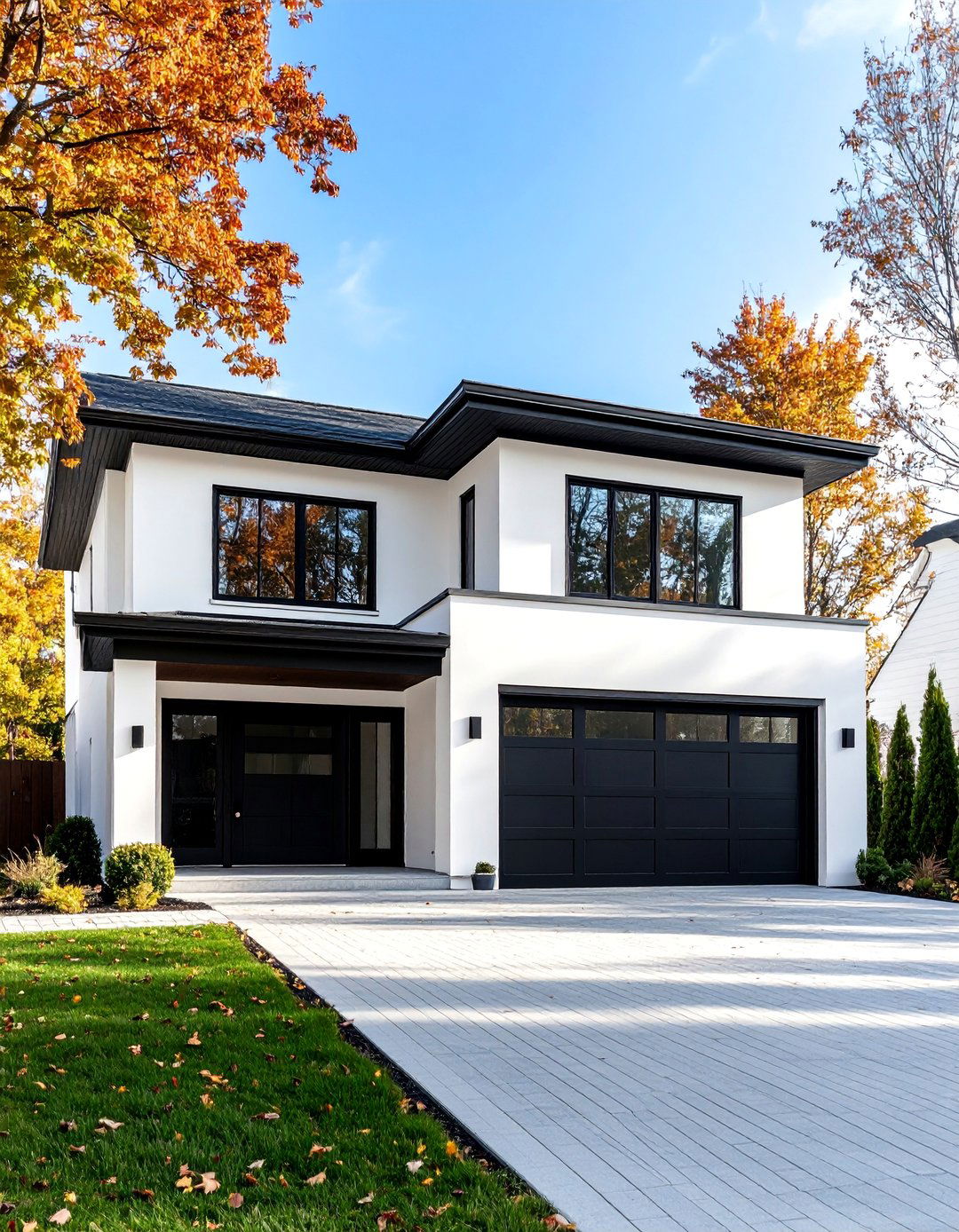 Contemporary Ranch with Black Garage Doors - 25 single story white house black trim