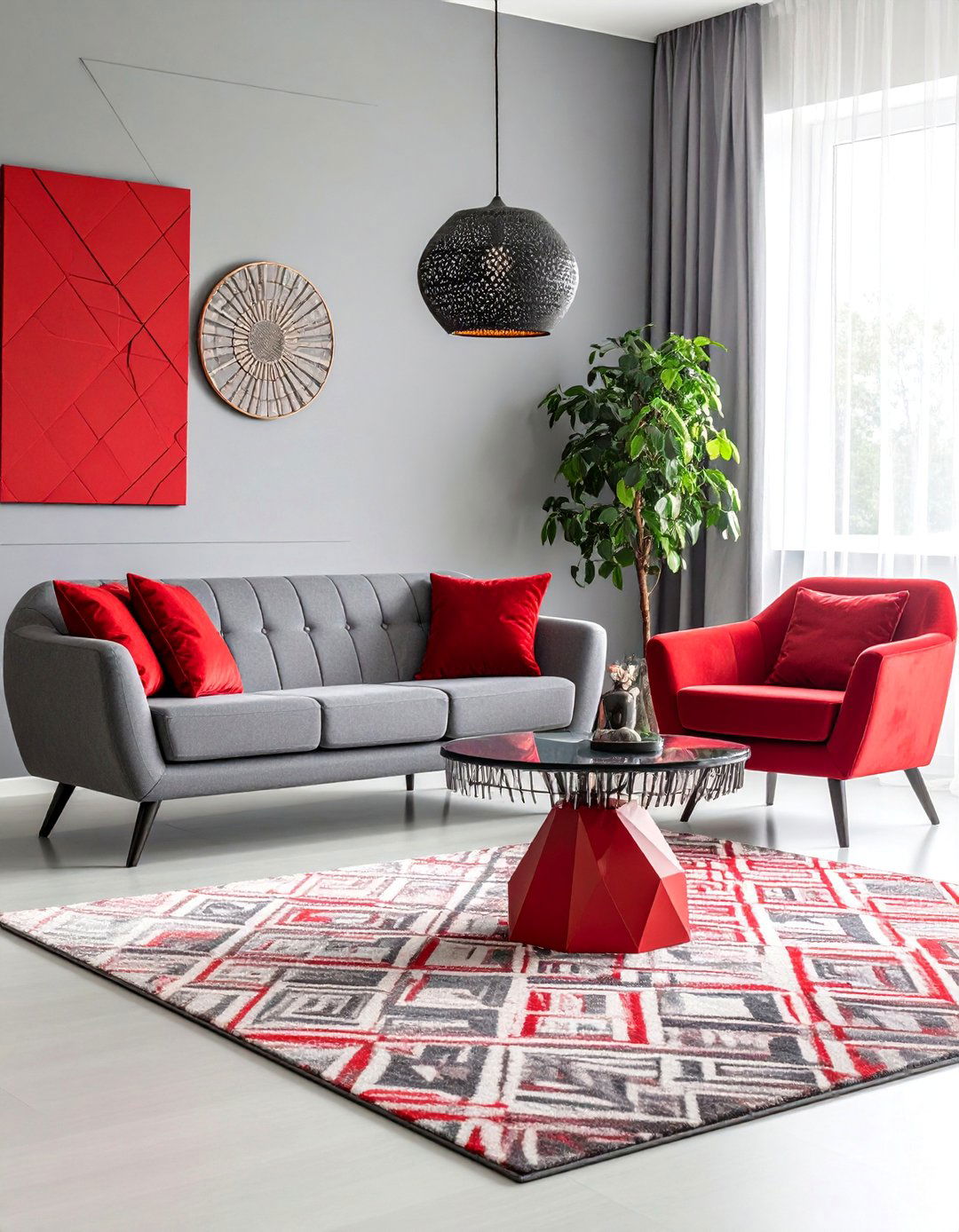 Contemporary Red and Grey Geometric Living Room - 25 Red and Grey Living Room Ideas