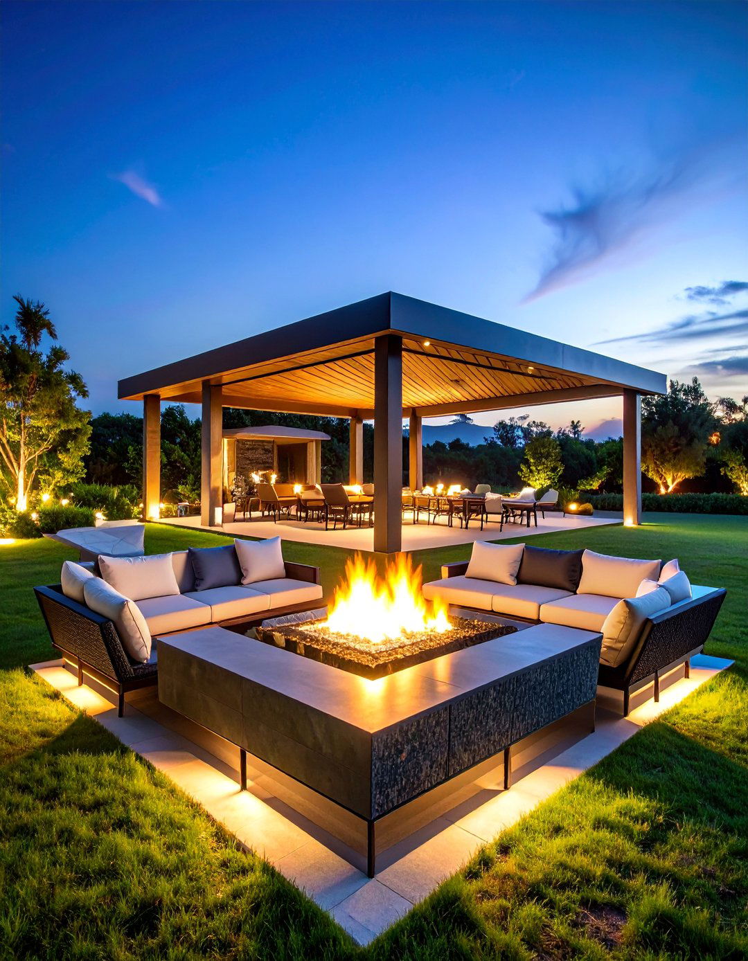 Contemporary Resort Pavilion with Ribbon Fireplace - 25 Backyard Pavilion With Fireplace