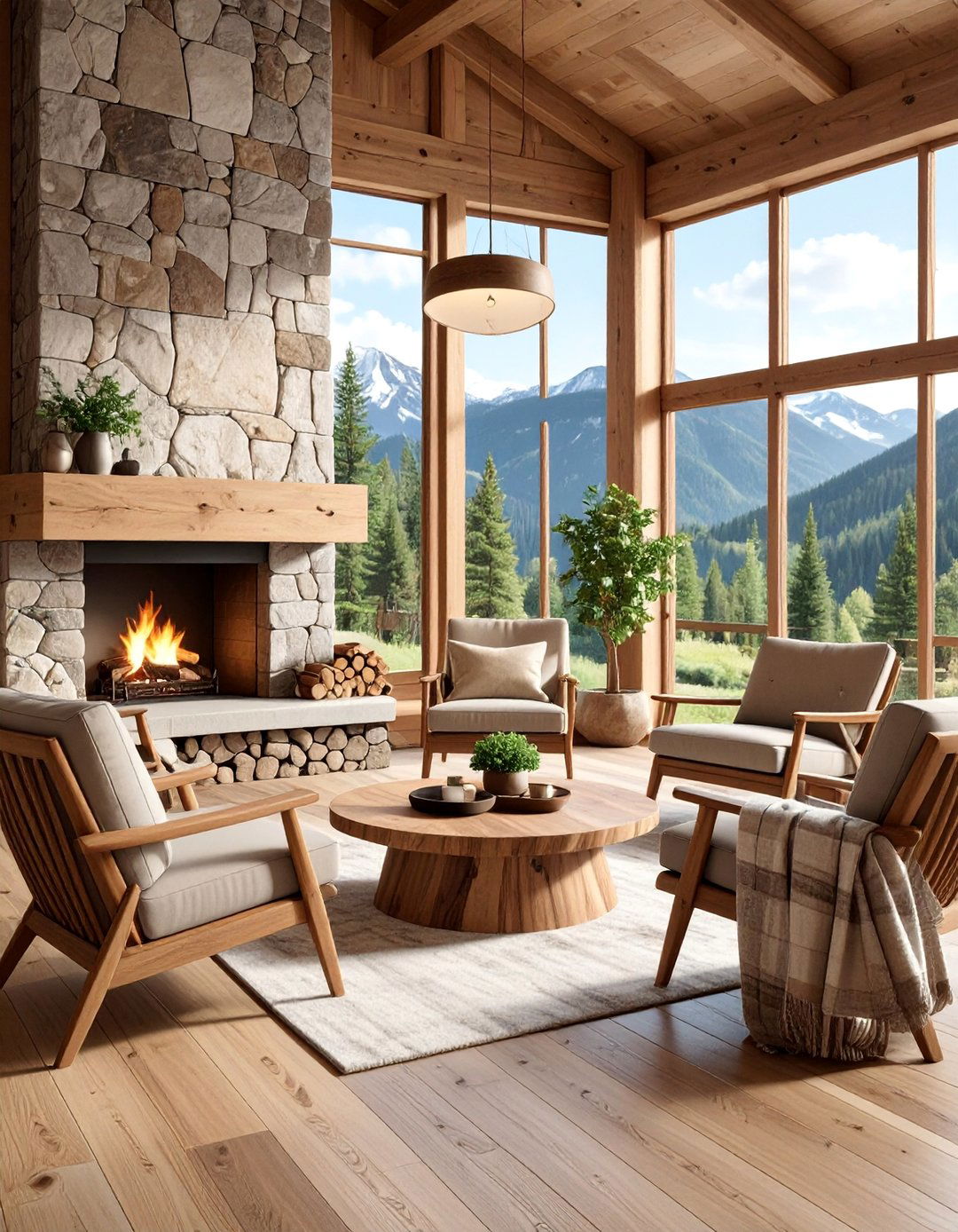 Contemporary Rustic Marble Floor Living Room with Stacked Stone Fireplace - 25 Marble Floor Living Room Ideas