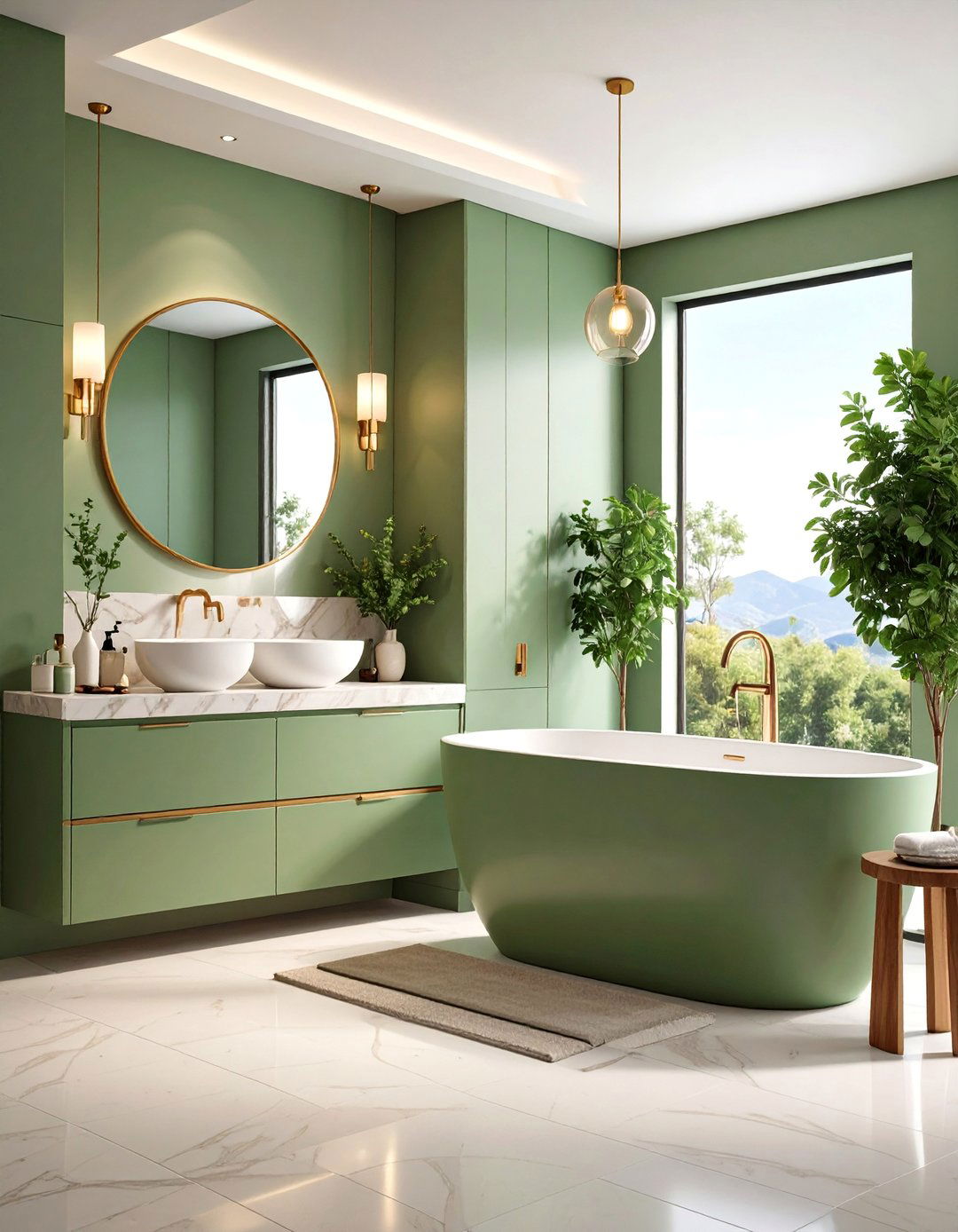 Contemporary Sage Green Bathroom with Cream Quartz Waterfall Island - 25 Sage Green and Cream Bathroom Ideas