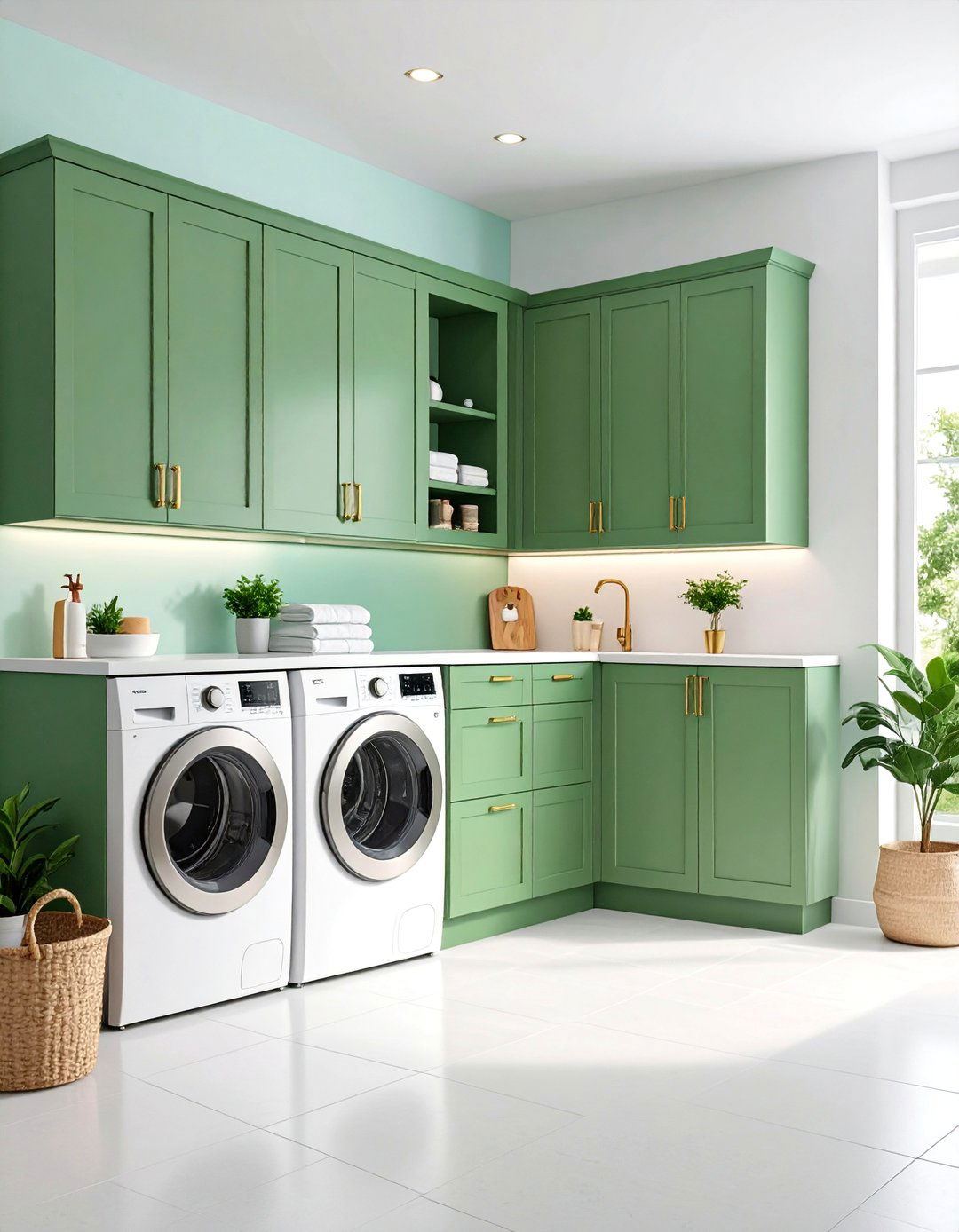 Contemporary Sage Green Gallery Wall - 25 Sage Green Laundry Room Ideas