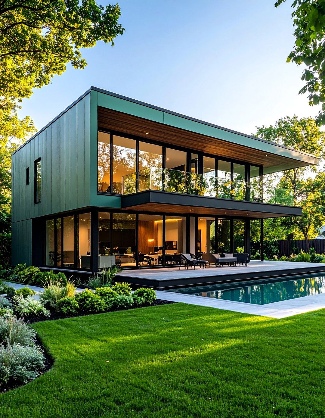Contemporary Sage Green House with Black Window Walls - 25 Sage Green House With Black Trim Ideas