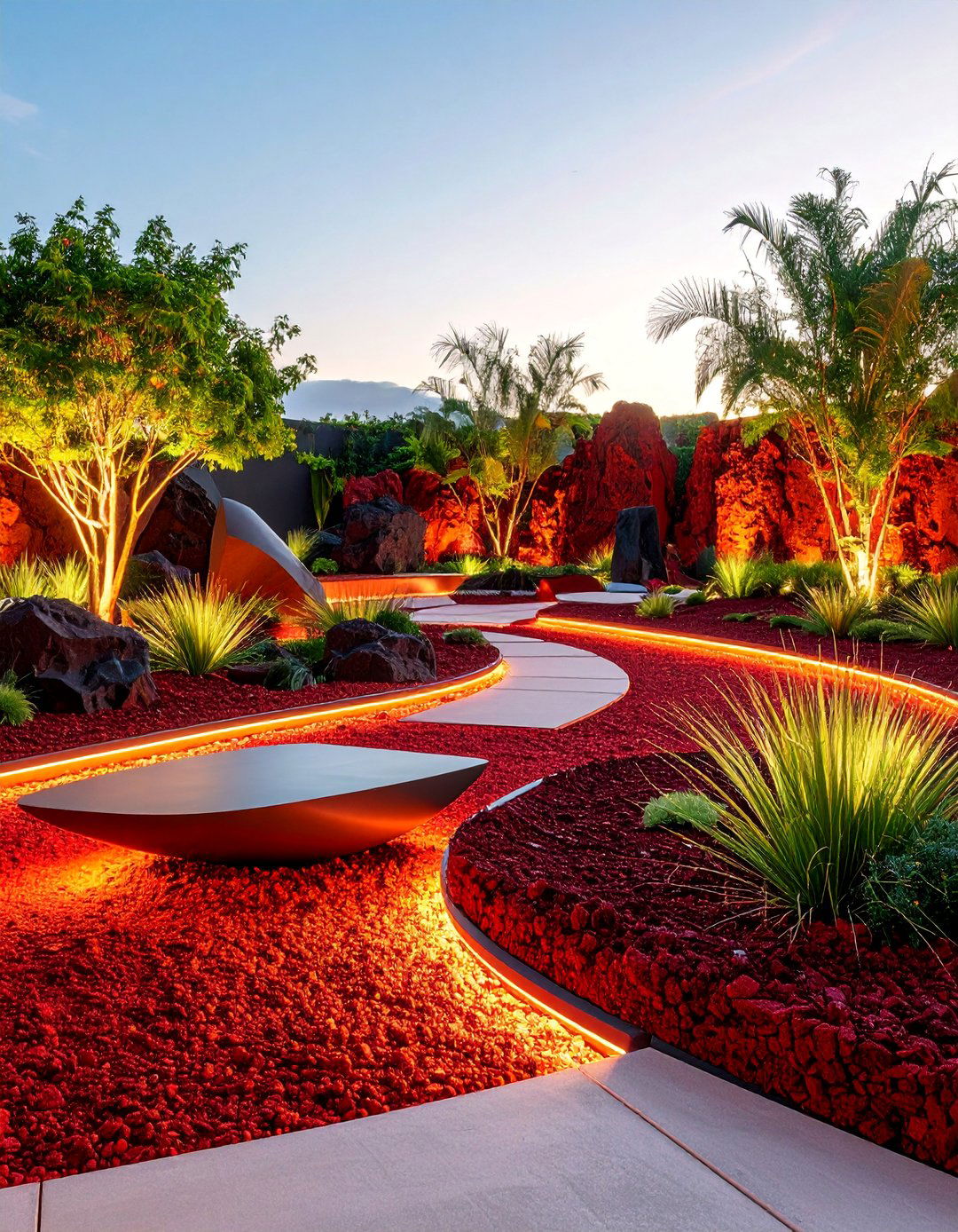 Contemporary Sculpture Garden with Lava Base - 25 Red Lava Rock Landscaping Ideas