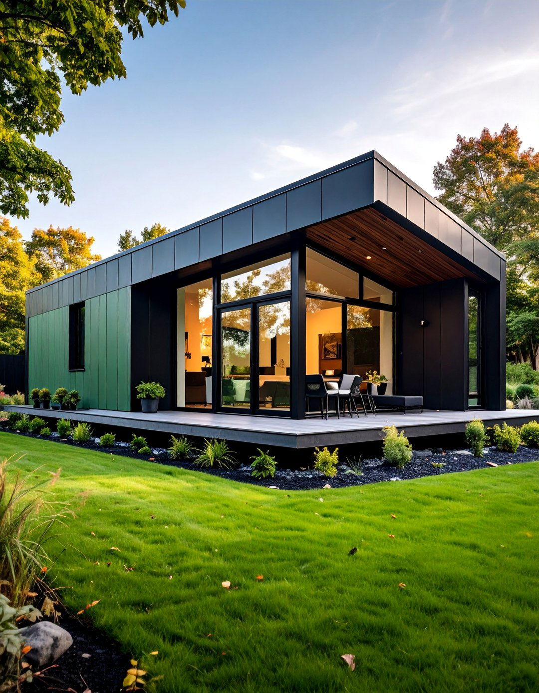 Contemporary Shed Style with Black Accent Panels - 25 Sage Green House With Black Door