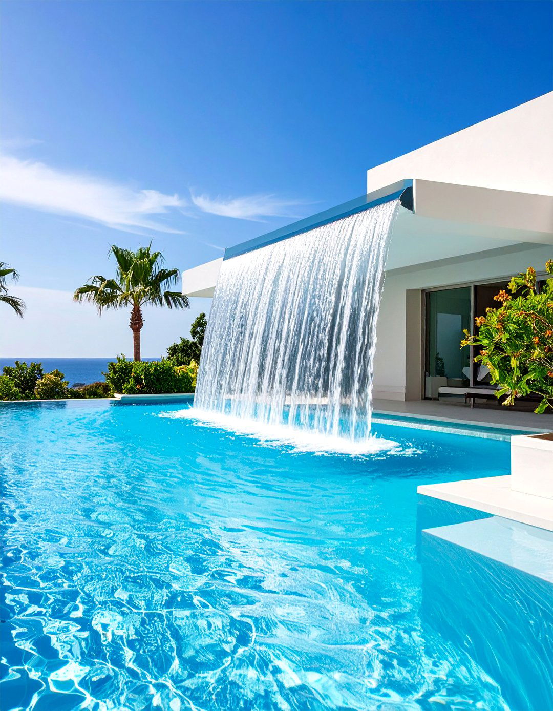 Contemporary Sheer Descent Pool Fountain - 25 Pool Fountain Ideas