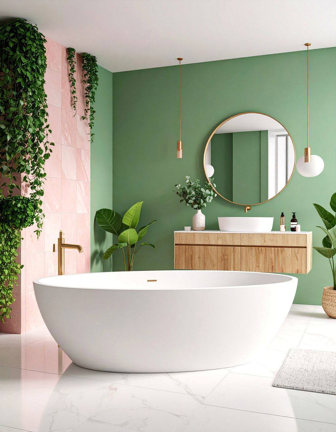 Contemporary Spa Bathroom with Jade Green Walls and Rose Quartz Features - 25 Pink and Green Bathroom Design Ideas