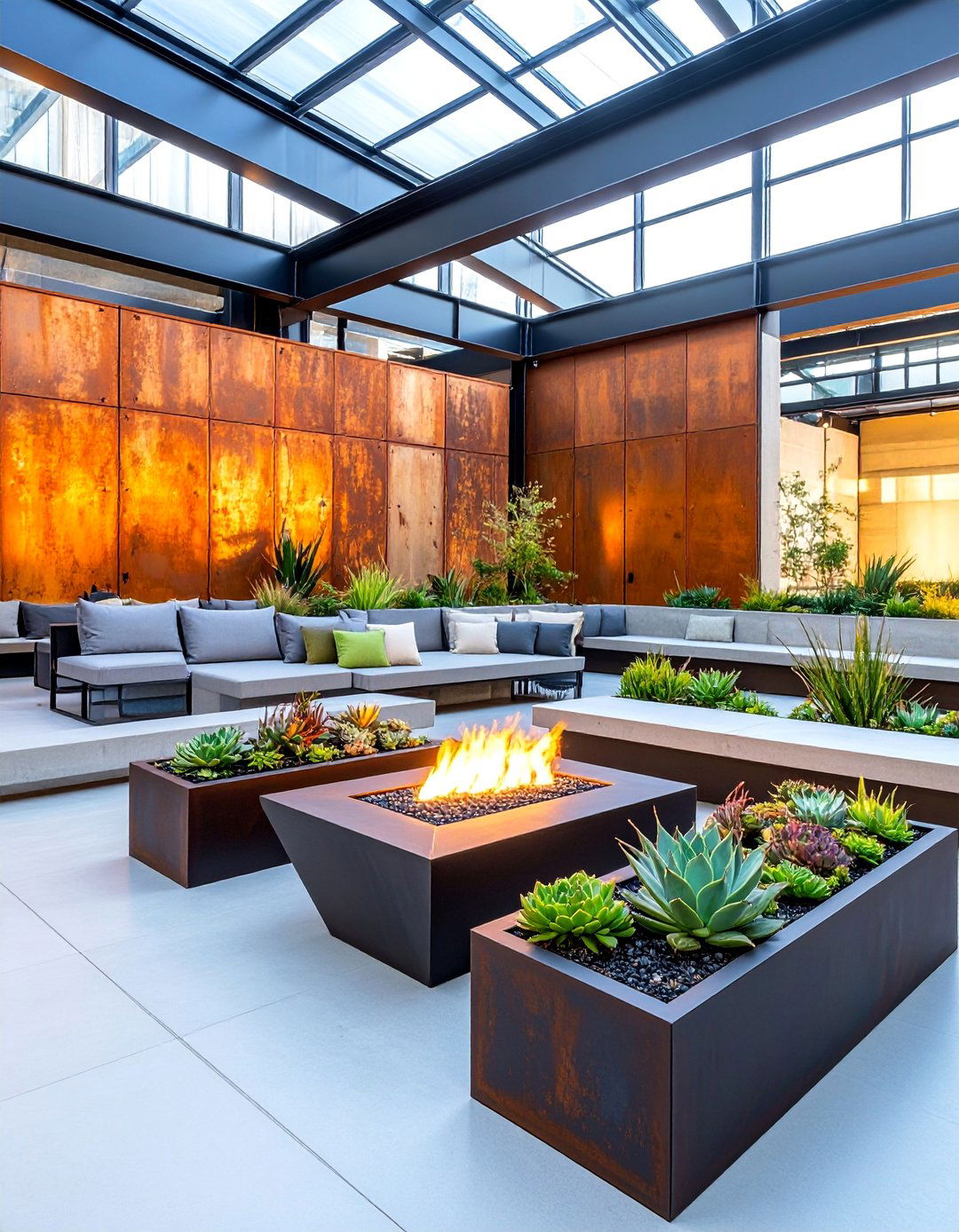 Contemporary Steel Fire Pit with Cor Ten Weathering and Succulent Gardens - 25 Sunken Fire Pit Ideas