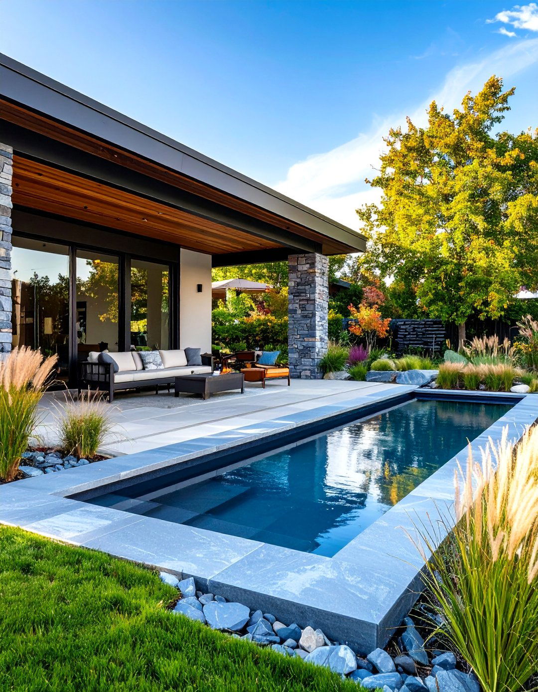 Contemporary Stone Porch with Water Feature - 25 Stone Porch Ideas