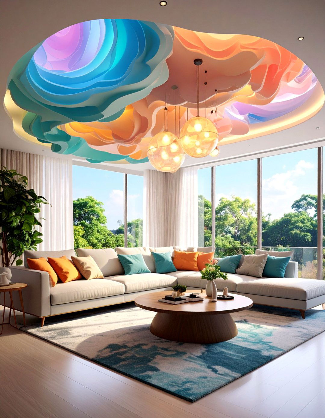 Contemporary Suspended Cloud False Ceiling - 25 Living Room False Ceiling Design Ideas