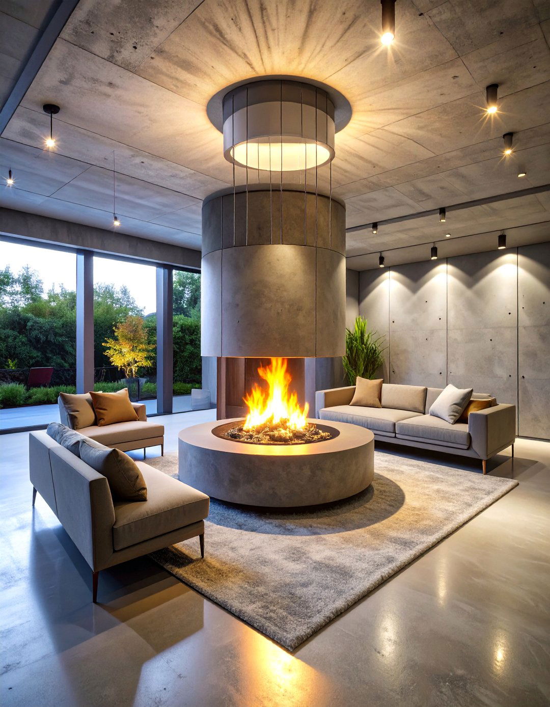 Contemporary Suspended Fireplace with Concrete Base and Modern Furniture - 25 Basement Fireplace Ideas