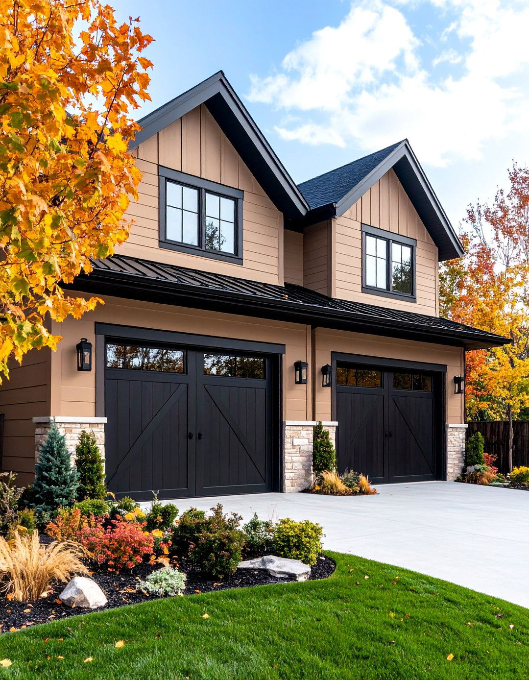 Contemporary Tan House with Black Sliding Barn Doors - 25 Tan House With Black Trim Design Ideas