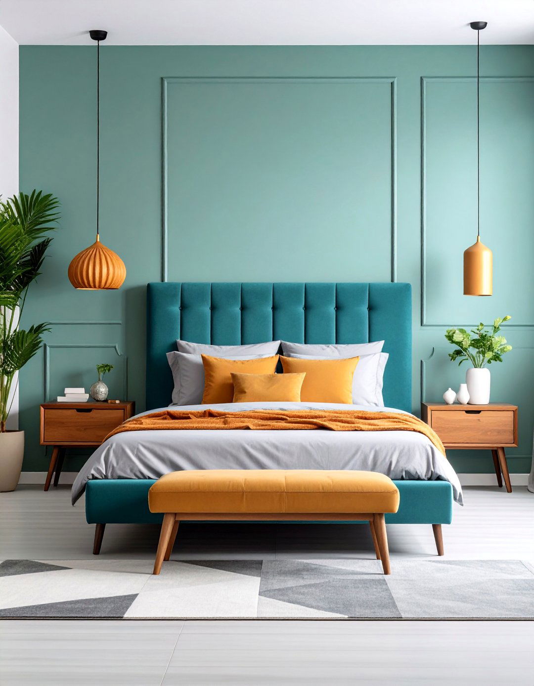 Contemporary Teal Platform Bed with Orange Lighting Drama - 25 Teal and Orange Bedroom Ideas