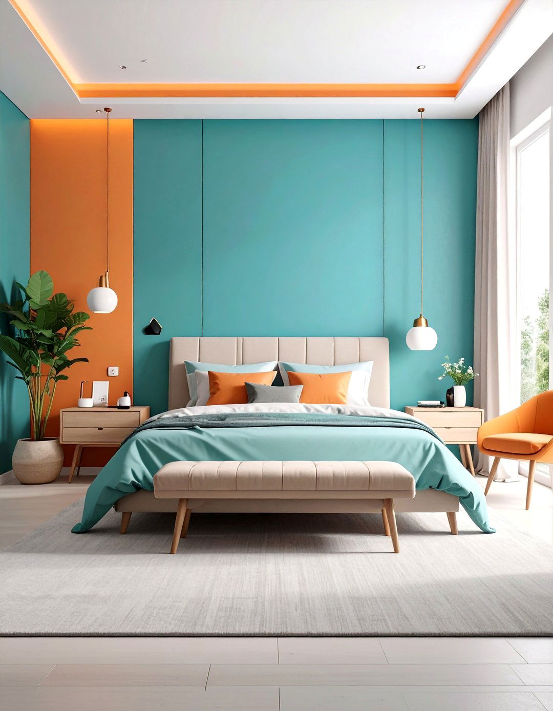 Contemporary Teal with Orange Tech Integration - 25 Teal and Orange Bedroom Ideas