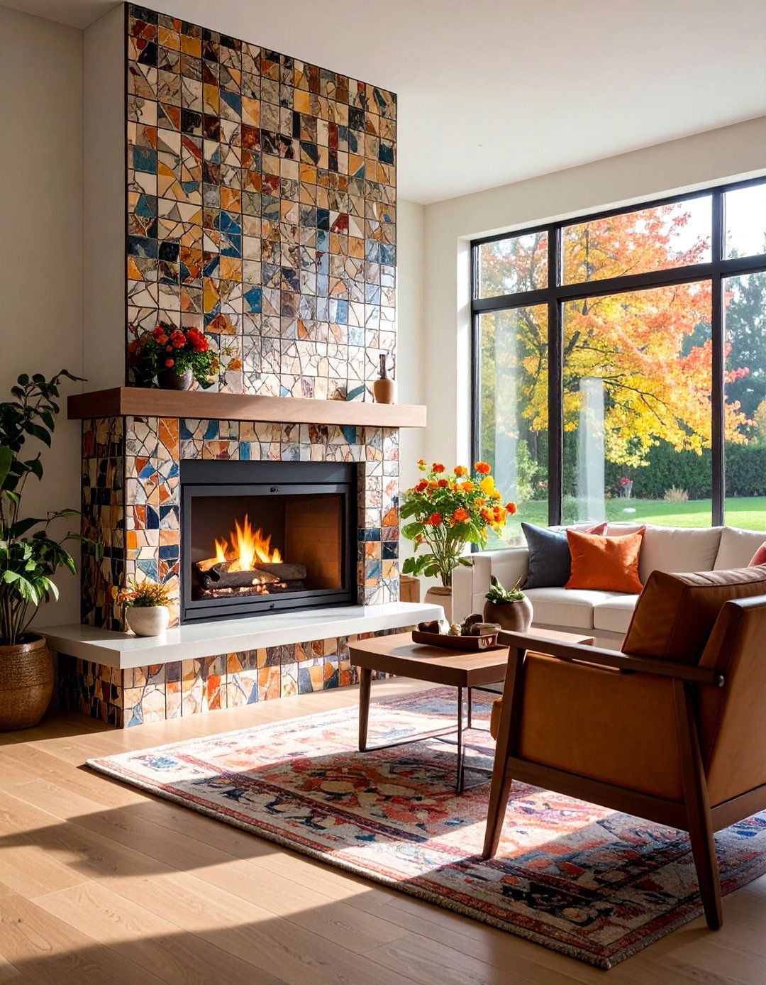 Contemporary Tile Corner Fireplace with Mosaic Accents - 25 Corner Fireplace Ideas