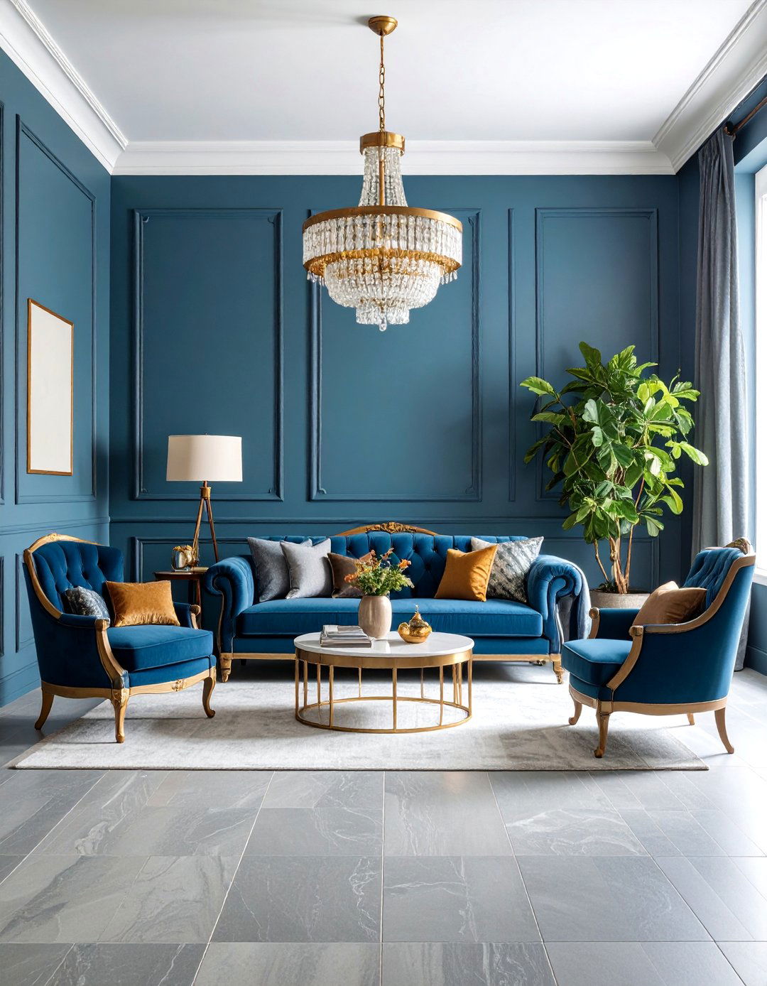 Contemporary Traditional with Wedgwood Blue Walls and Grey Travertine Floors - 25 grey floor living room with blue walls ideas