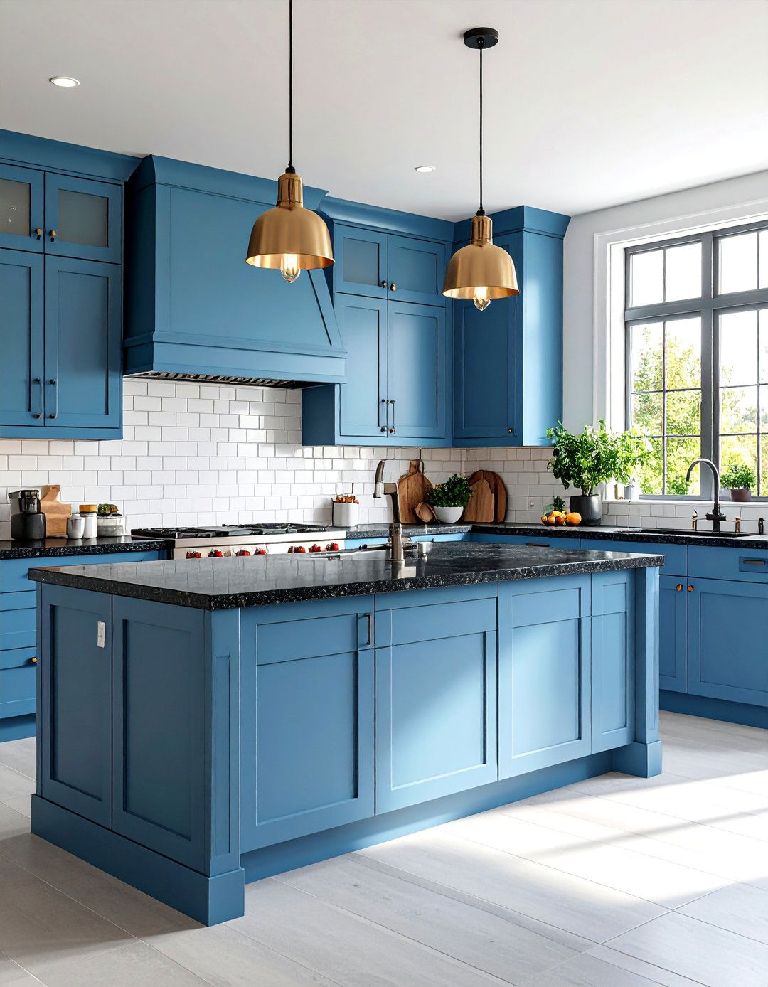 Contemporary Transitional Kitchen with Quartz and Soft Blue Cabinets - 25 kitchen with dark countertops and light cabinets
