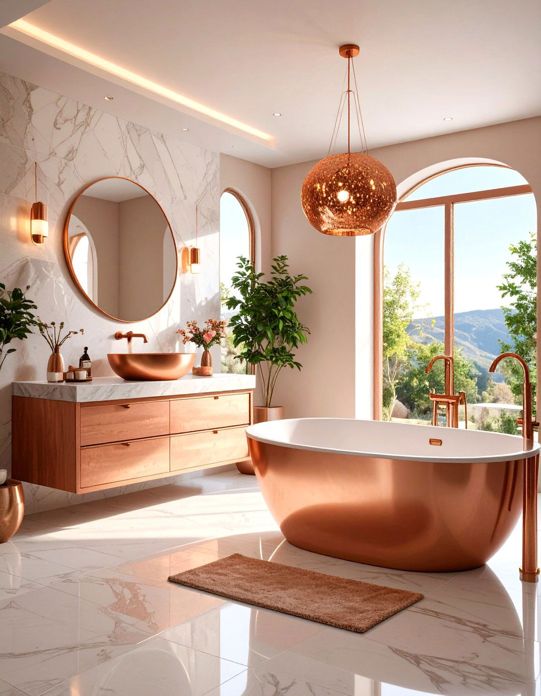 Contemporary Travertine Bathroom with Metallic Copper Accents - 25 Travertine Tile Bathroom Ideas