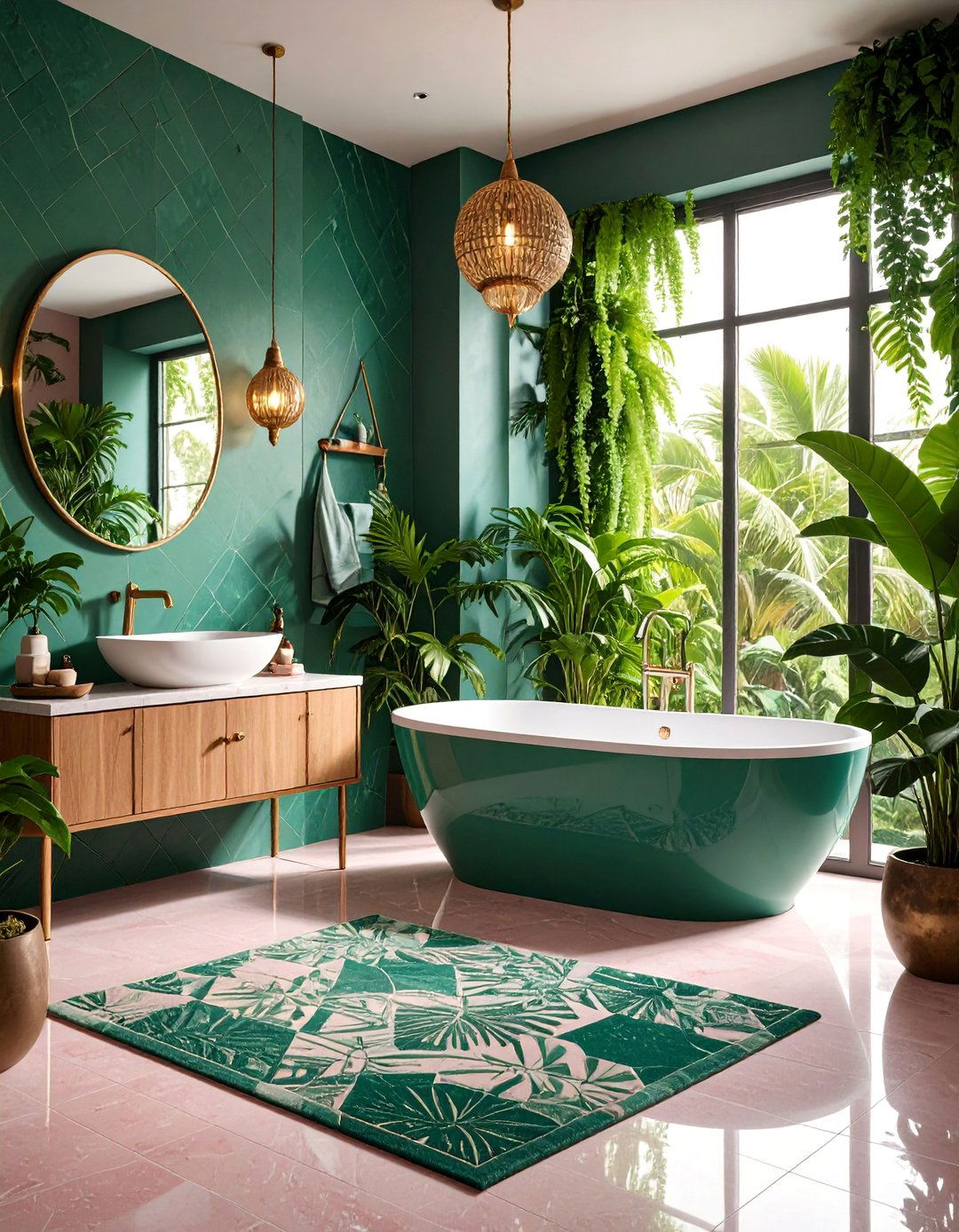 Contemporary Tropical Bathroom with Pink Granite and Jade Green Accents - 25 Pink and Green Bathroom Design Ideas